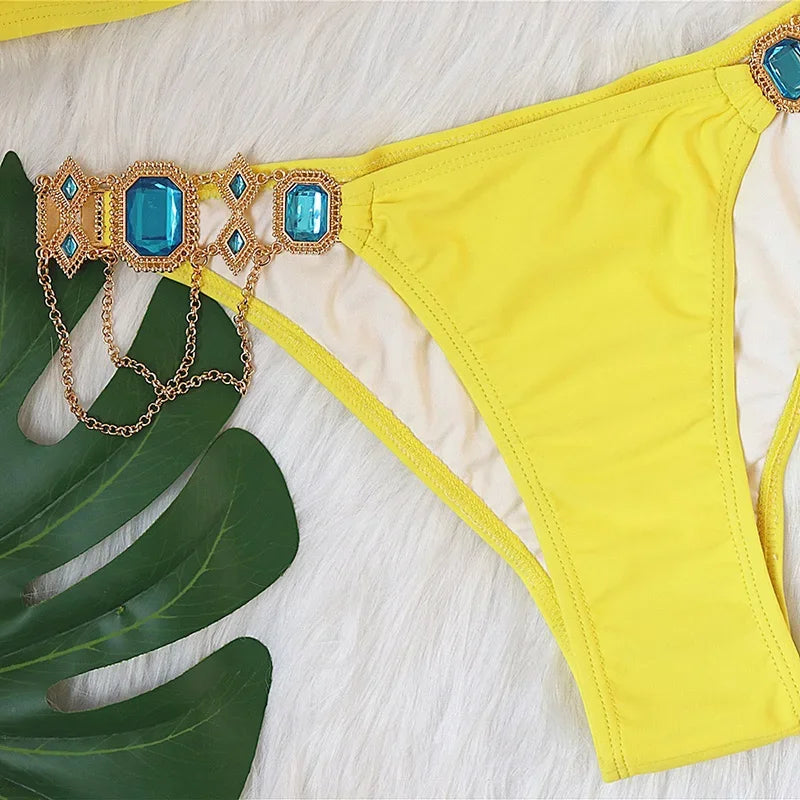 2026 Shiny Rhinestone Diamond Bikini Women Swimsuit Female Swimwear Two Pieces Bikini Set Halter Metal Chains Bathing Suit Swim