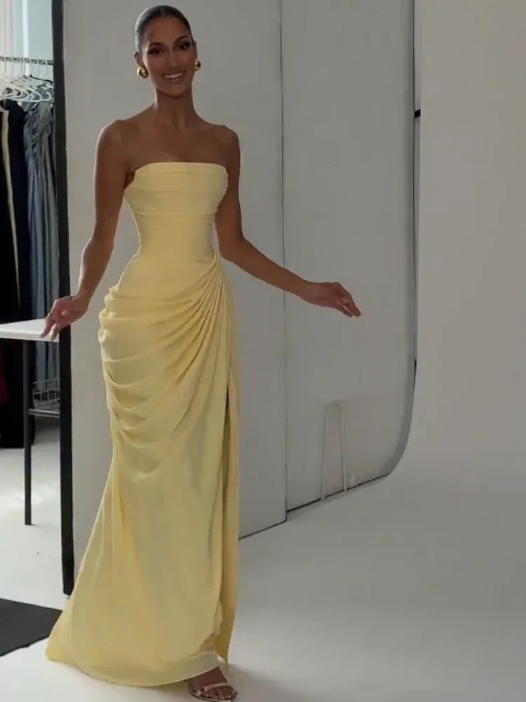 Elegant Yellow Strapless Pleated Dress Women Chic Sleeveless Waist Cinching Split Maxi Gowns Lady Evening Party Dresses 2026 New