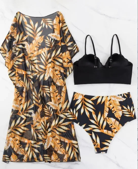 High Waist Leaf Print Bikini Swimsuit with Net Cover up Slimming Design Cross-Border New Style Women's Fashion Swimwear