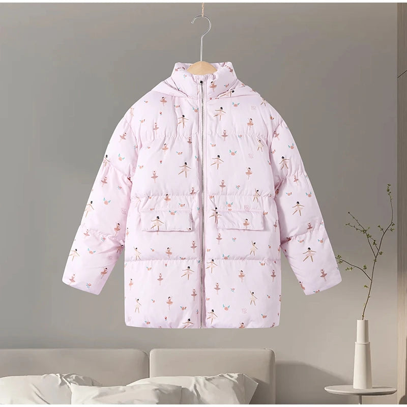 Printed Hooded Puffy Cotton Jacket Women Stand Collar Long Sleeve Zipper Loose Padded Coats 2025 Winter Lady Warm Outwear Street
