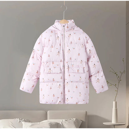 Printed Hooded Puffy Cotton Jacket Women Stand Collar Long Sleeve Zipper Loose Padded Coats 2025 Winter Lady Warm Outwear Street
