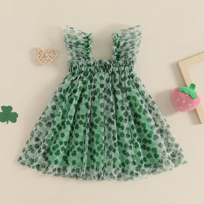 MISOWMNJOY Summer Baby Girls Chiffon Dresses Princess Sleeveless Clover Strawberry Print A-line Dress Mesh Tulle Kids Sundress