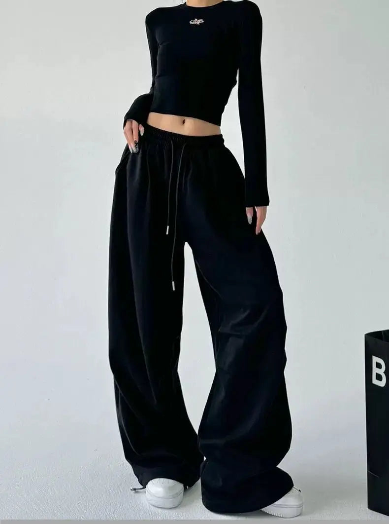 2025 New Harajuku Wide Leg Sweatpants Women Streetwear Baggy Oversize Gray Sports Pants Woman Drawstring Casual Joggers Trousers
