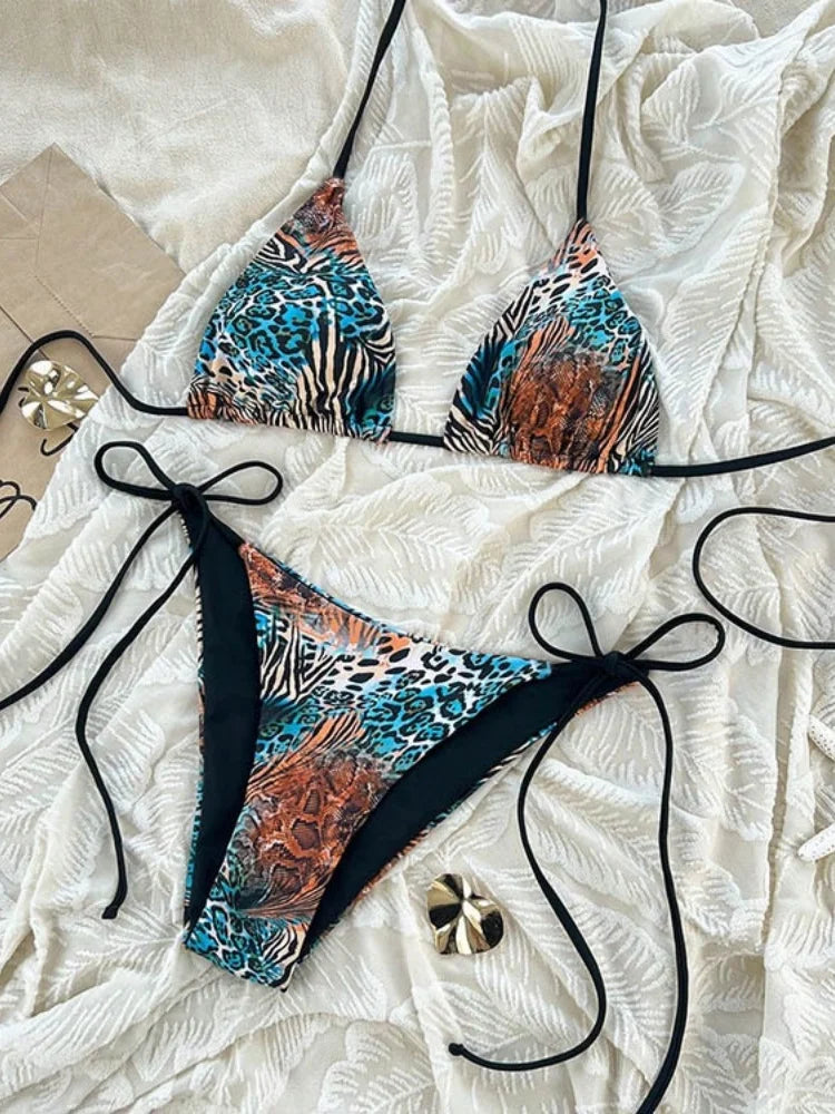 Sexy Leopard Print Two Piece Swimsuit Set Triangle Bra Suspender Halter Backless Bikini Set Beach Vacation Lace-up Swimwear 2025