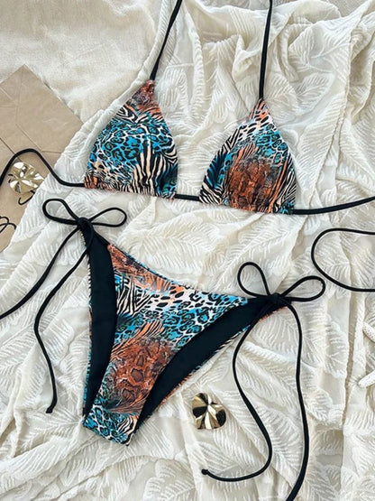 Sexy Leopard Print Two Piece Swimsuit Set Triangle Bra Suspender Halter Backless Bikini Set Beach Vacation Lace-up Swimwear 2025