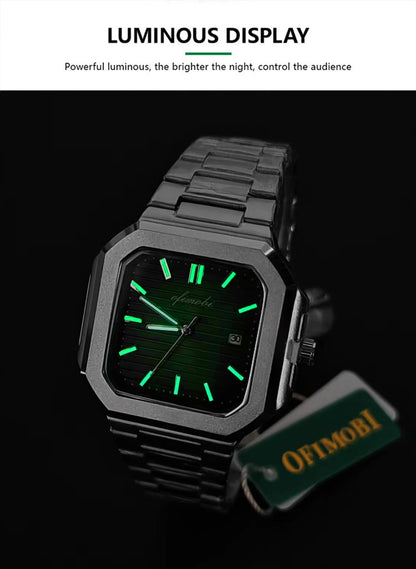 Classic Men Business Watches Fashion Square Dial Stainless Steel Strap Quartz Watch with Calendar For Luxury Mens Clock