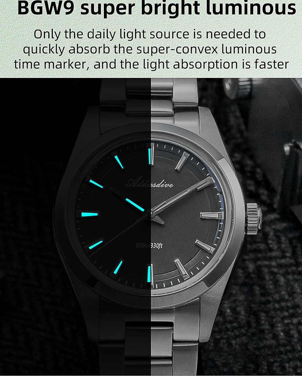 ADDIESDIVE Hot Sale AD2066 Mens Watch 36mm Bubble Mirror Glass Mint Green Quartz Watches Waterproof Luxury Stainless Steel Clock