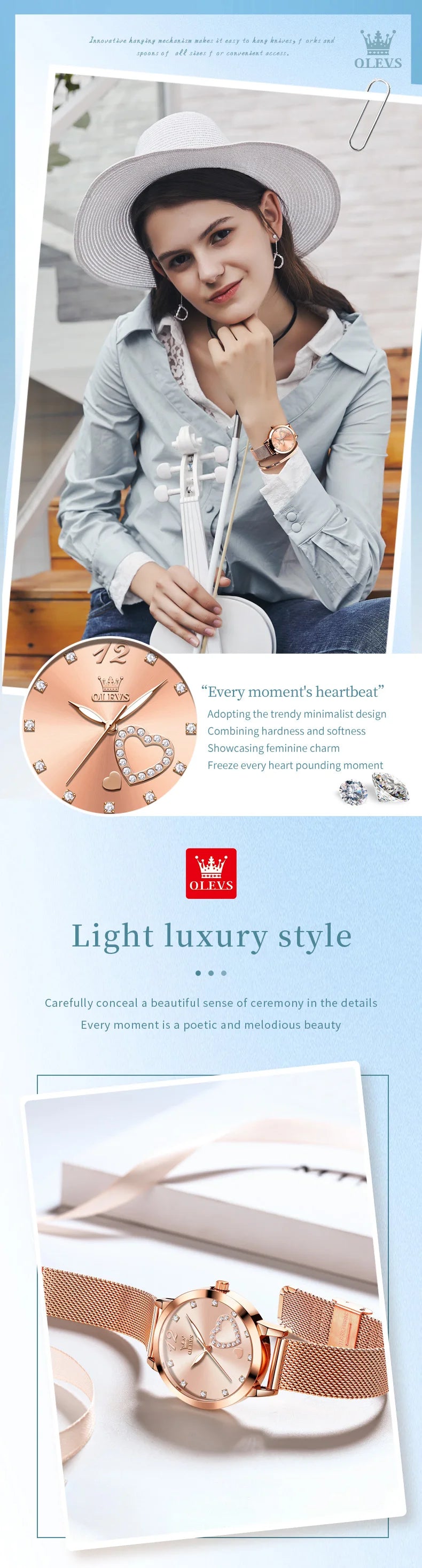 OLEVS 5189 Quartz Watch for Women Diamond Love Heart Design Fashion Elegant Rose Gold Mesh Steel Strap Waterproof Ladies Watches