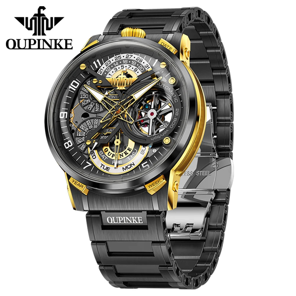 OUPINKE Black Steel Tourbillon Mens Wrist Watches Skeleton Automatic Mechanical Watch Fashion Wrist Watch Mens Sapphire