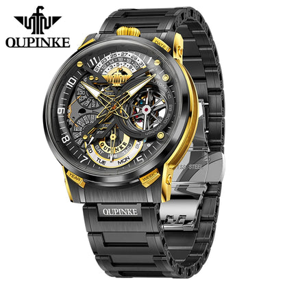 OUPINKE Black Steel Tourbillon Mens Wrist Watches Skeleton Automatic Mechanical Watch Fashion Wrist Watch Mens Sapphire