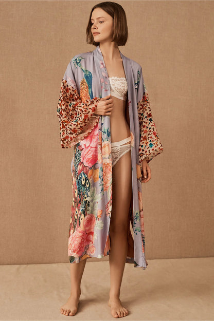 Beach Kimono for Women Peocock Printed Swimsuit Cover Up Self Belted Wrap Dresses Seaside Bathing Suits Beachwear