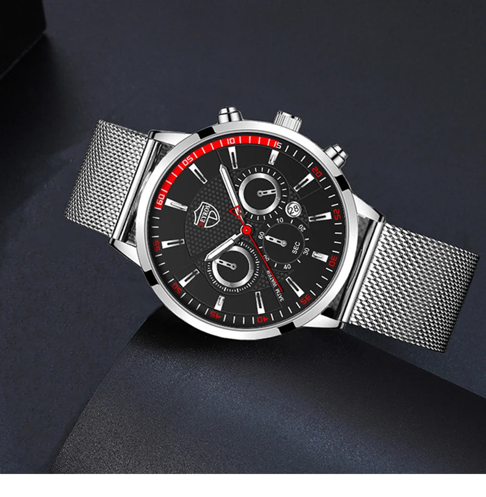 Mens Fashion Sports Watches Men Business Casual Quartz Wrist Watch Luxury Silvery Mesh Belt Watch