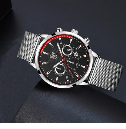 Mens Fashion Sports Watches Men Business Casual Quartz Wrist Watch Luxury Silvery Mesh Belt Watch