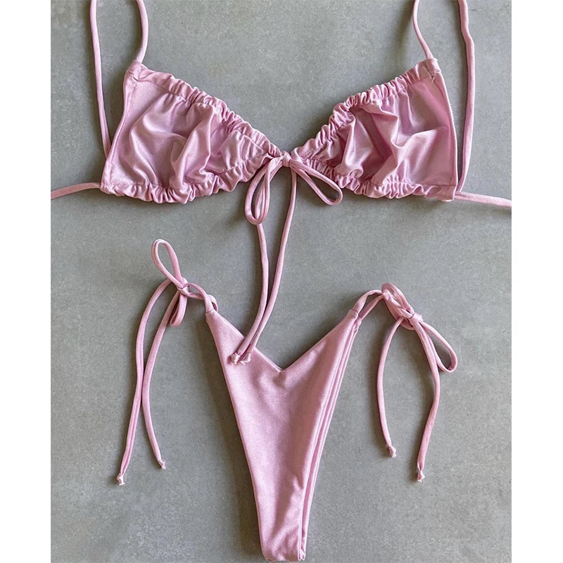BIQIUYYI Brazilian Sexy Micro Mini Thong Bikini Set Summer Bandage Swimsuit Women Pleated Bathing Suit Beachwear Halter Biqiuni