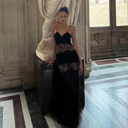 Elegant Lace Spliced Halter Long Dress Women Sexy Backless See Through Female Party Dresses 2025 Summer Lady Chic Evening Gowns