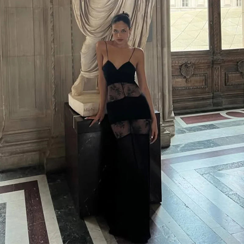 Elegant Lace Spliced Halter Long Dress Women Sexy Backless See Through Female Party Dresses 2025 Summer Lady Chic Evening Gowns