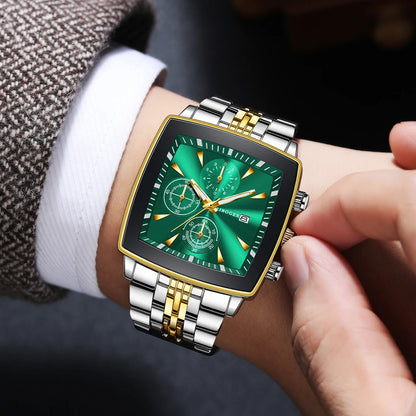 Luxury Stainless Steel Man Calendar Business Watches Fashion Square Dial Men Quartz Wristwatch Reloj Hombre (Without Box)