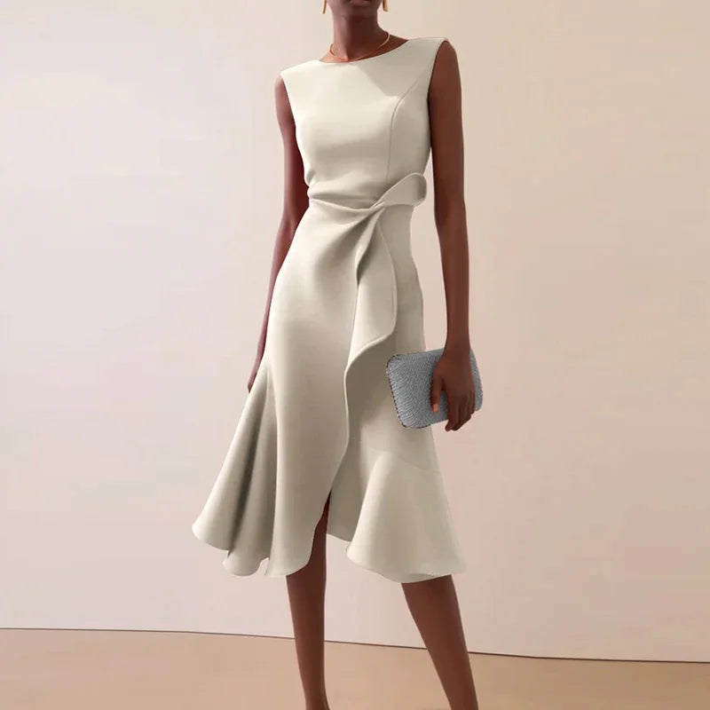 Women Crew Neck Ruffle Banquet Dress Elegant Spring Solid High Waist Slim Long Dress 2025 Summer Sleeveless A-Line Party Dresses