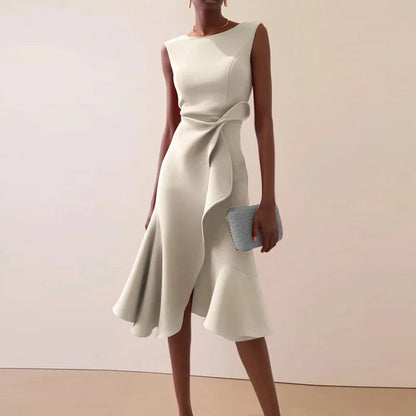 Women Crew Neck Ruffle Banquet Dress Elegant Spring Solid High Waist Slim Long Dress 2025 Summer Sleeveless A-Line Party Dresses