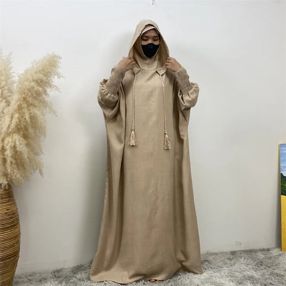 Hot Seller Ramadan Islamic Clothing Wrinkle Polyester Hoodie Abaya Dress With Undercap Muslim Women Abaya Hoodie Causal Dresses