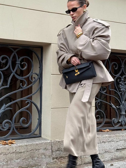 Solid Lapel Lace Up Jacket Elegant Chic Full Sleeve Button Loose Long Coat For Women Office Lady Daily Commute Overcoat 2026 New