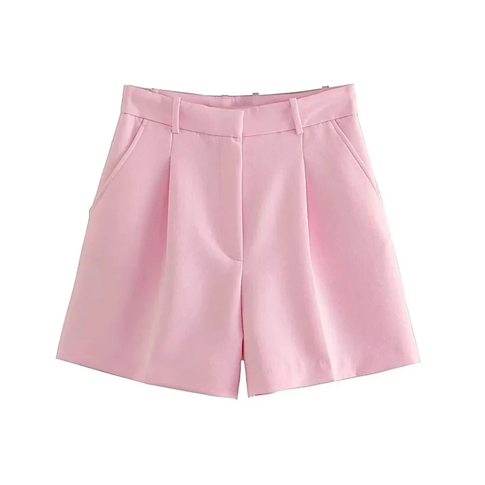 Women Fashion Side Pockets Front Darts Bermuda Shorts Vintage High Waist Zipper Fly Female Short Pants Mujer