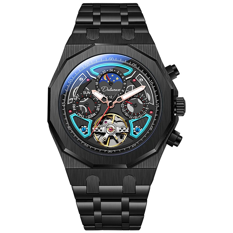 Luxury Tourbillon Watches Men Fashion Sport Rubber Strap Moon Phase Date Waterproof Automatic Mechanical Wrist Watch Man Reloj