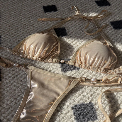 New PU Faux Leather Halter Mini Thong Bikini Female Swimsuit Women Swimwear Two-pieces Bikini set Bather Bathing Suit Swim V5206
