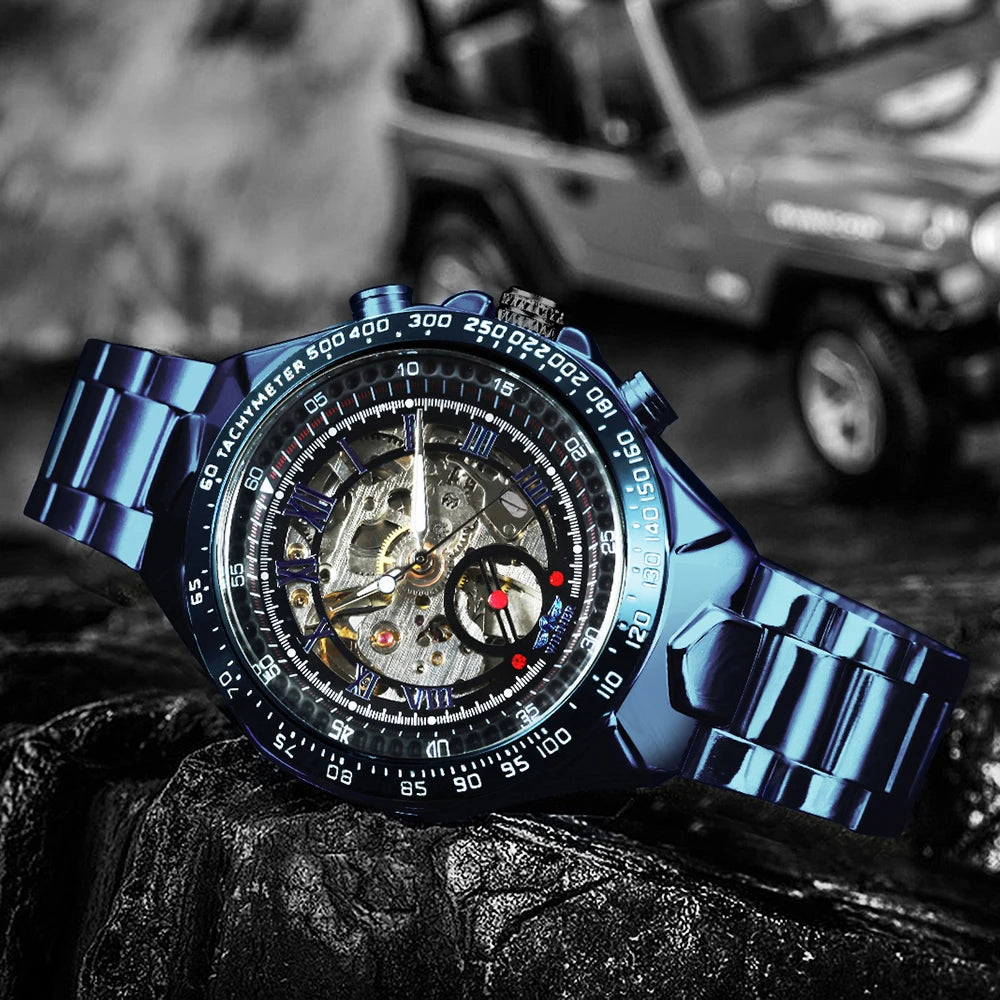 WINNER Gold Transparent Skeleton Automatic Watch for Men Luminous Pointers Luxury Brand Stainless Steel Strap Mechanical Watches