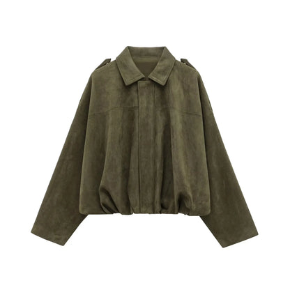 KONDALA Casual Soft Martini Green Bomber Jackets Women Long Lantern Sleeve Oversized Autumn Winter Coats Fashion 2025 Outwears
