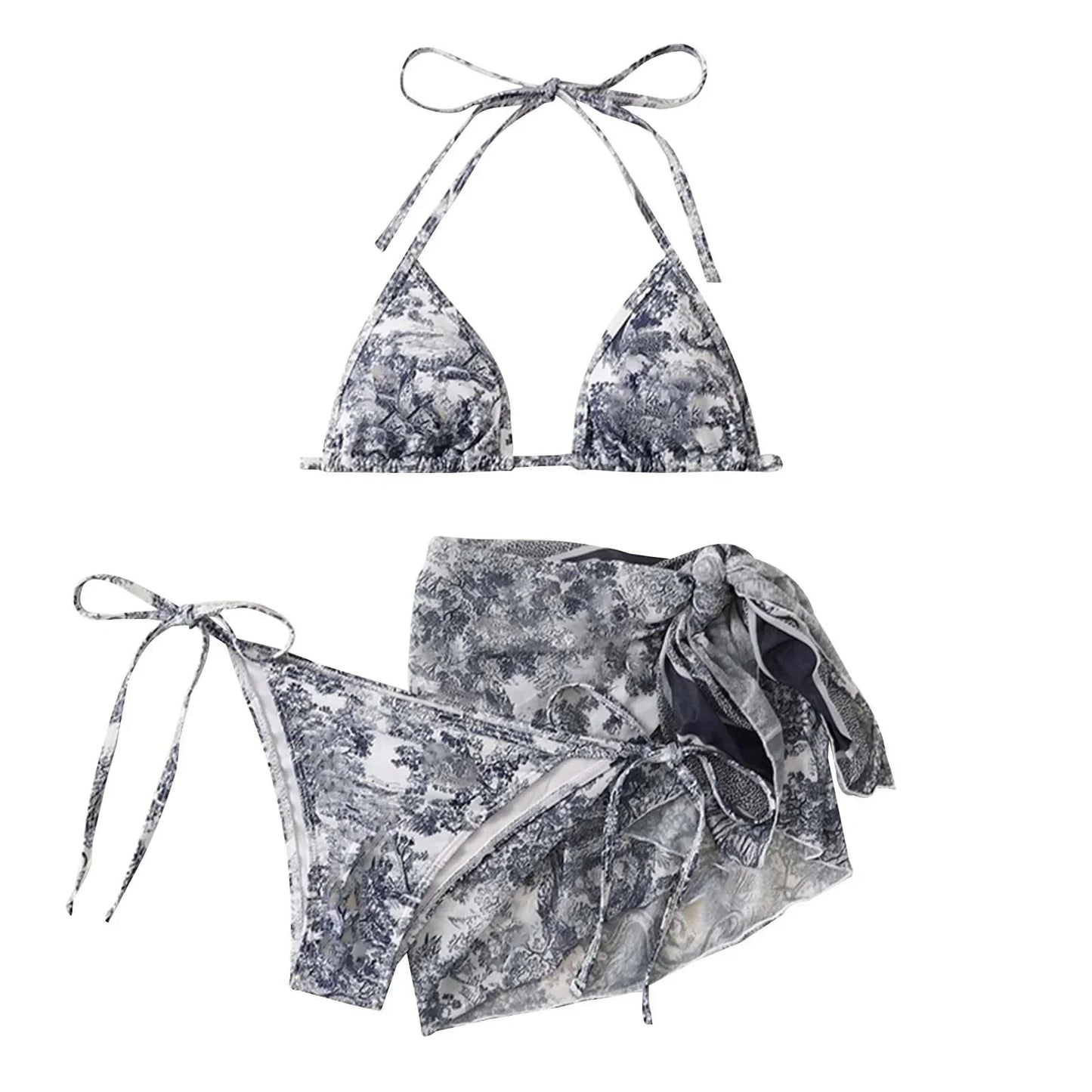 Women's 3 Piece Ink Wash Tie Dye Bikini Set With Sheer Sunscreen Poncho Swimsuit Thong Biquinis Sports Beachwear