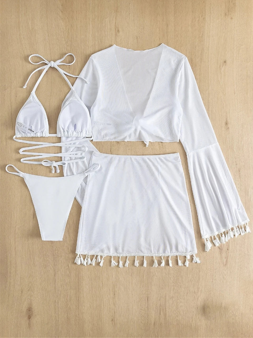 Sexy 4 Pieces Halter Bikinis Women Solid Swimwear Female Cover Up Swimsuit Long Sleeve And Skirt Bathing Suit Beachwear Summer