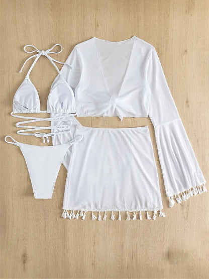 Sexy 4 Pieces Halter Bikinis Women Solid Swimwear Female Cover Up Swimsuit Long Sleeve And Skirt Bathing Suit Beachwear Summer