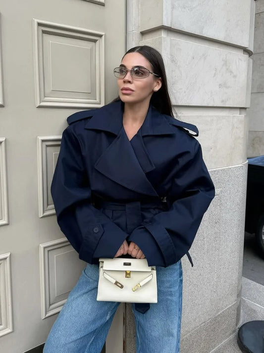 Solid Lapel Belted Windbreaker Chic Full Sleeve Button Loose Long Coat For Women 2025 New Office Lady Daily Commute Overcoats