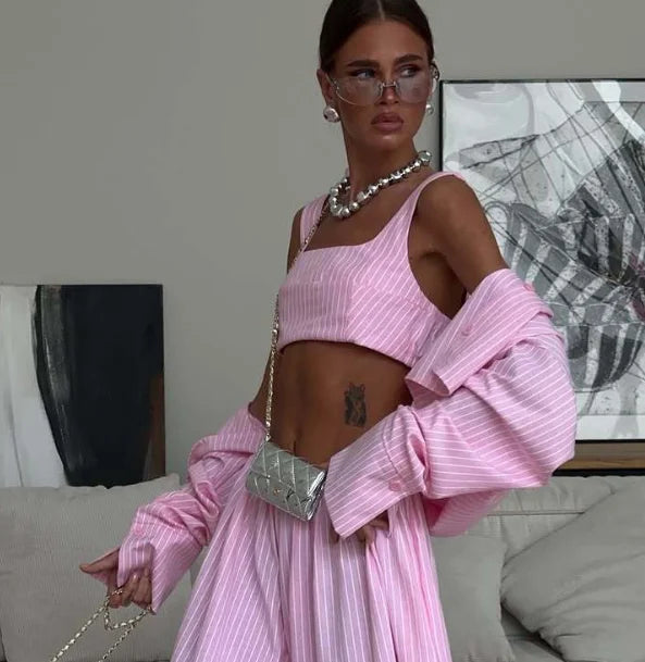 Women Low-rise Lantern Pants 3-piece Set Casual Striped Sleeveless Vest Long Sleeve Lapel Shirt Sets 2026 Lady Street Outfits