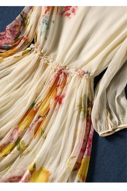 Limiguyue Summer Floral Print Silk Dresses Double Layers Ruffle Beaded Button A-Line Dress Elegant Chiffon Long Vestidos Z044