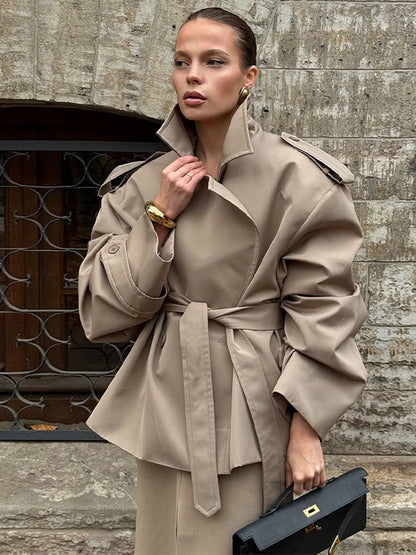 Solid Lapel Belted Windbreaker Chic Full Sleeve Button Loose Long Coat For Women 2025 New Office Lady Daily Commute Overcoats