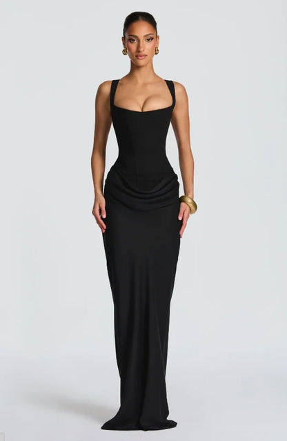 Solid Pleated Sling Dress Women Square Neck Sleeveless Off-shoulder Waist Cinching Slim Dresses Lady Evening Party Gowns 2025