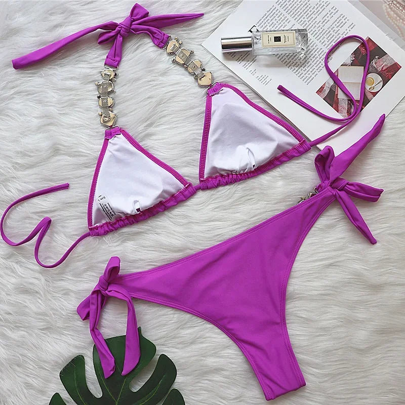 2026 Shiny Rhinestone Diamond Bikini Women Swimsuit Female Swimwear Two Pieces Bikini Set Halter Metal Chains Bathing Suit Swim