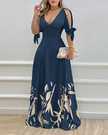 Elegant Women's Dresses Summer Fashion Split Sleeve Pearls Decor Plants Print Split Sleeve Casual V-Neck Half Sleeve Maxi Dress