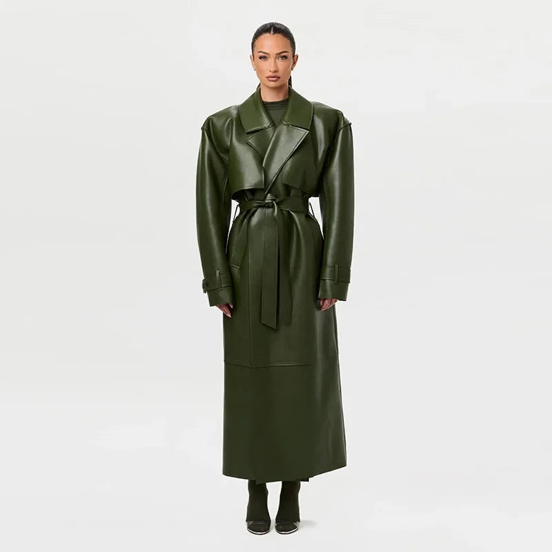 Street Pu Leather Women Long Coat Y2K Solid Belt Lapel Pocket Full Sleeve Female Jacket 2025 Autumn Winter Lady Outwear New