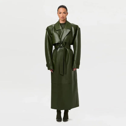 Street Pu Leather Women Long Coat Y2K Solid Belt Lapel Pocket Full Sleeve Female Jacket 2025 Autumn Winter Lady Outwear New