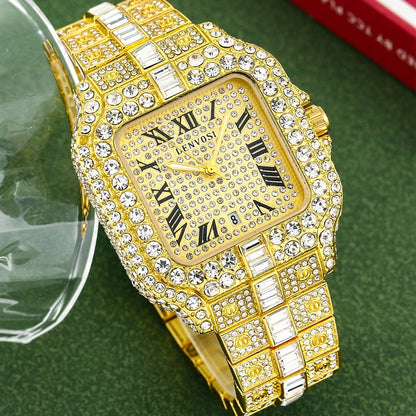 Luxury diamond watches for men Hip Hop Style Bling Bling Iced Out Wristwatch Fashion Square Stainless Steel Waterproof Clock 202