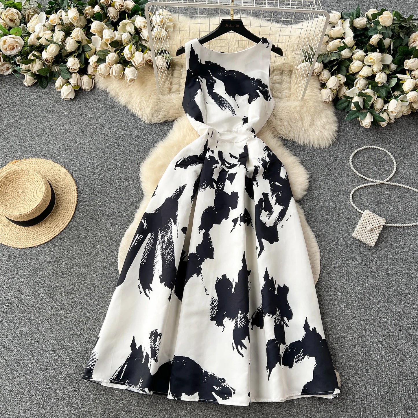 French Elegant Floral Dress Women Retro Round Neck Sleeveless Print Party Dresses Summer Slim A-line Vintage Long Robe Vestidos