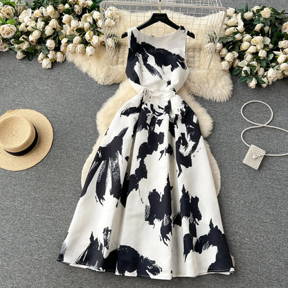 French Elegant Floral Dress Women Retro Round Neck Sleeveless Print Party Dresses Summer Slim A-line Vintage Long Robe Vestidos