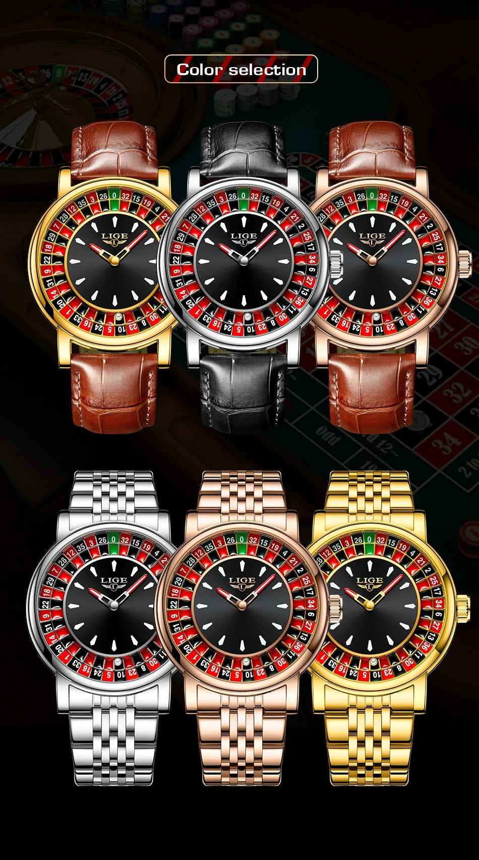 LIGE Quartz Man Watch Fashion Luxury Creative Roulette Game Dial Design Leather Casual Life Waterproof Watches for Men Gifts+Box