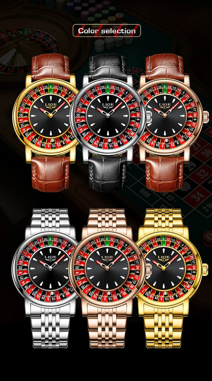 LIGE Quartz Man Watch Fashion Luxury Creative Roulette Game Dial Design Leather Casual Life Waterproof Watches for Men Gifts+Box