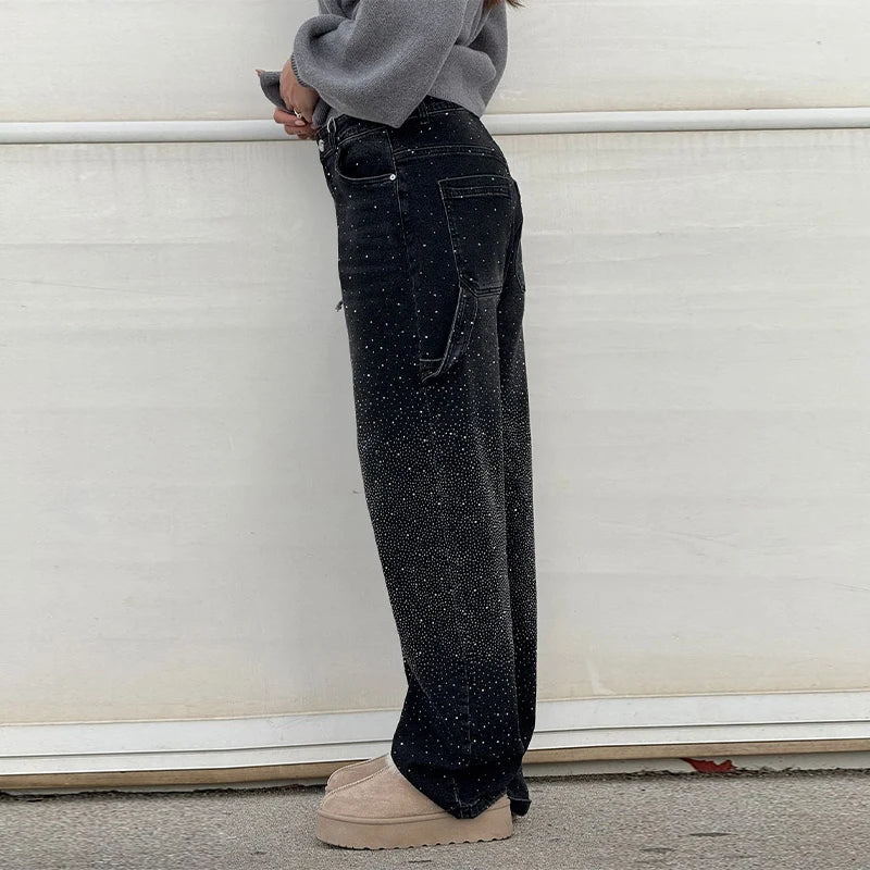 Chic Rhinestone Women's Jeans Y2k Street Oversize Loose Shining Female Wide Leg Pants 2025 Spring Summer Lady Denim Trousers