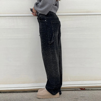 Chic Rhinestone Women's Jeans Y2k Street Oversize Loose Shining Female Wide Leg Pants 2025 Spring Summer Lady Denim Trousers