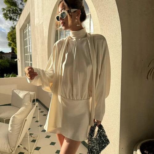 Women's Elegant white Ruched Short Dress Fashion Casual Stand Neck Long Sleeve Mini Dresses 2025 Autumn party Female Clothing